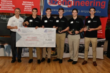 Team 16025 University students with presenter giving them a large award check